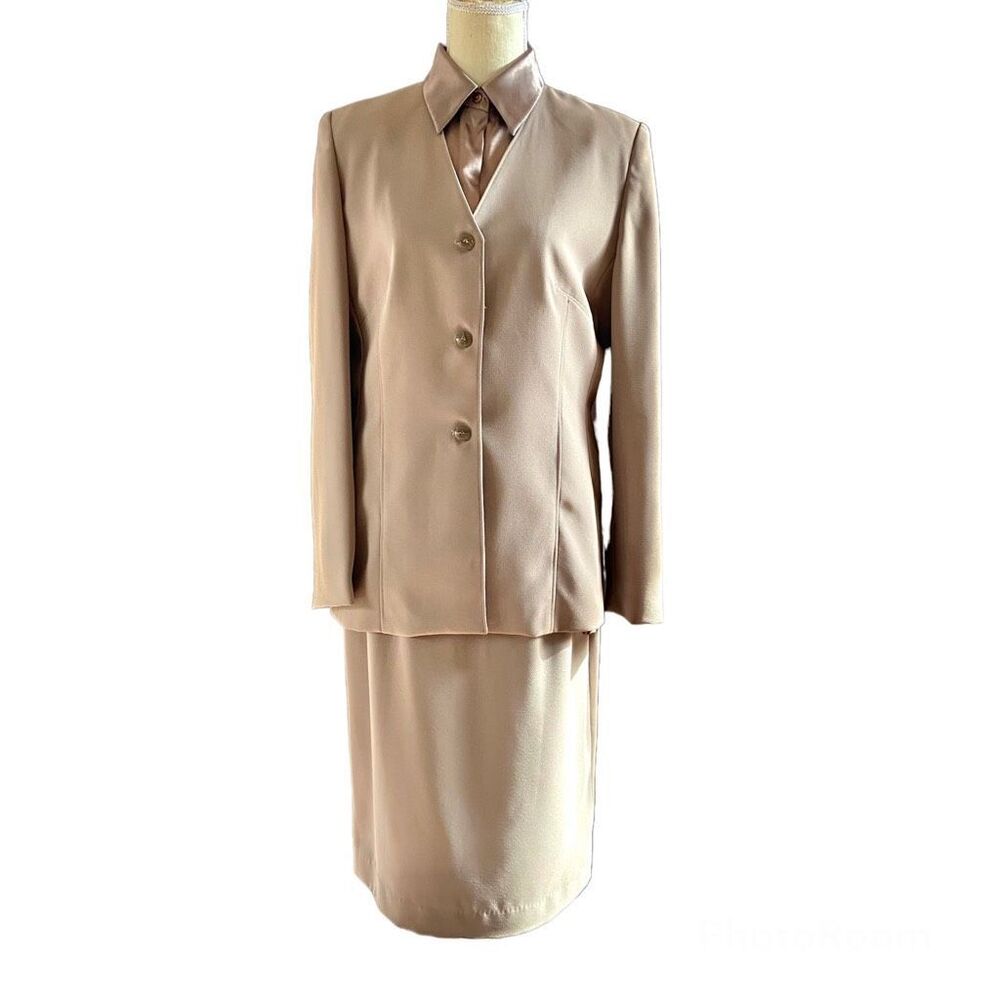 Halston 3 Piece Beige Taupe Skirt Suit 8